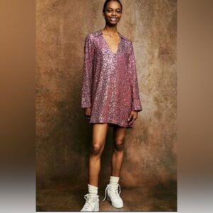 NWT Free People Selena Sequin Shirtdress in Hot Pink. Size Medium